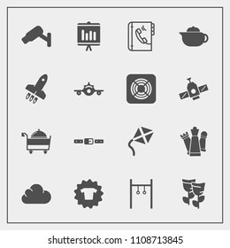 Modern, simple vector icon set with shirt, chess, hot, report, surveillance, camera, floral, clothing, tea, launch, departure, cloud, kite, sport, food, flight, rocket, document, game, king icons