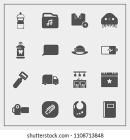 Modern, simple vector icon set with t-shirt, technology, care, kitchen, paper, photographer, toy, service, file, delivery, fashion, bar, potato, ufo, rattle, brush, alien, child, paperclip, star icons