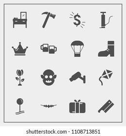 Modern, simple vector icon set with box, equipment, celebration, leisure, king, interior, map, currency, tool, pin, hammer, camera, usd, sign, wrench, necklace, nature, monster, drop, present icons