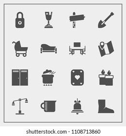 Modern, simple vector icon set with door, food, candle, pot, justice, sign, law, place, wax, dinner, game, bell, boot, winner, judge, liquid, direction, flame, shovel, play, balance, fire, arrow icons