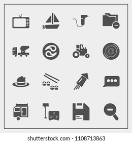 Modern, simple vector icon set with sign, travel, chair, festival, table, event, style, speech, screen, seafood, japan, dentist, firework, chat, hat, file, diskette, trailer, ship, clinic, sushi icons