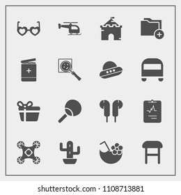 Modern, simple vector icon set with chair, interior, ping, sunglasses, desert, plant, tennis, celebration, box, camera, transport, castle, gift, leisure, nature, comfortable, control, holiday icons