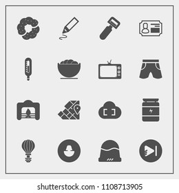 Modern, simple vector icon set with parachute, vegetable, extreme, office, music, warm, doughnut, pen, clothing, human, dessert, food, stationery, video, cloud, sweet, kitchen, avatar, travel icons