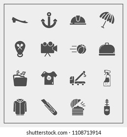 Modern, simple vector icon set with accident, rain, file, marine, projector, clothes, projection, housework, bottle, chef, music, makeup, hat, restaurant, baby, car, cutter, construction, anchor icons