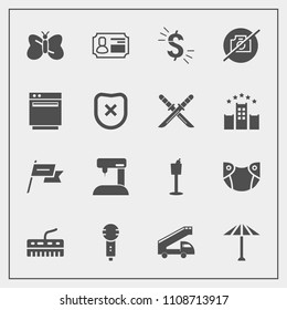 Modern, simple vector icon set with holder, song, identity, music, truck, nature, country, voice, currency, baby, dollar, culture, transportation, umbrella, beauty, bottle, infant, diaper, white icons