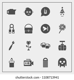 Modern, simple vector icon set with cute, baby, decoration, paint, film, ufo, fiction, cooking, flame, nature, child, monster, equipment, fire, space, wax, grater, sad, floral, cable, food, bar icons