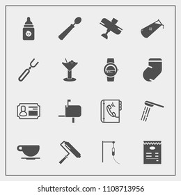 Modern, simple vector icon set with shower, cafe, plane, phone, cappuccino, dinner, plastic, tool, brush, box, medicine, spoon, card, message, flight, travel, kitchen, menu, bottle, hygiene, id icons