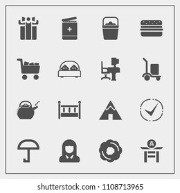 Modern, simple vector icon set with bucket, doughnut, check, outdoor, child, gift, present, medical, commerce, cradle, camp, weather, adventure, celebration, hamburger, holiday, girl, cake, drum icons