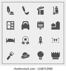 Modern, simple vector icon set with knife, spacecraft, celebration, restaurant, black, fork, white, soup, winner, bedroom, launch, crown, luxury, energy, present, achievement, calligraphy, idea icons