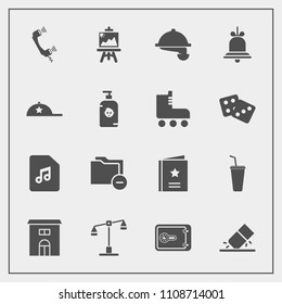 Modern, simple vector icon set with rubber, sign, art, telephone, safe, real, artist, bank, eraser, phone, document, judge, juice, money, notification, cold, business, waiter, finance, waitress icons