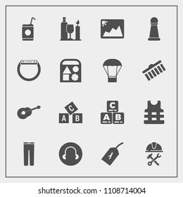 Modern, simple vector icon set with clothes, sign, drink, frame, musical, kid, beverage, strategy, chess, clothing, wine, helmet, trousers, glass, play, smart, tag, image, alcohol, childhood icons