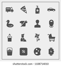 Modern, simple vector icon set with floral, medical, carriage, mail, hospital, restaurant, bucket, pizza, waiter, flame, object, health, gadget, stamp, happy, baby, food, kid, sweet, nature, wax icons