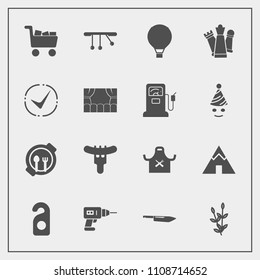 Modern, simple vector icon set with plant, drill, knife, sky, commerce, wheat, chess, camp, parachuting, hotdog, jump, kitchen, strategy, equipment, piece, hand, pendulum, cart, adventure, game icons