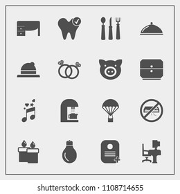 Modern, simple vector icon set with spoon, business, air, healthy, fork, decoration, knife, note, coffee, health, extreme, bulb, restaurant, parachuting, kitchen, food, drink, desk, musical, sky icons