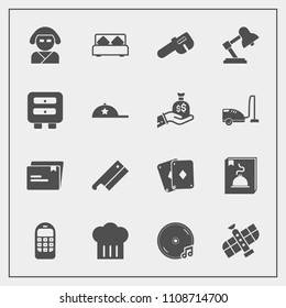 Modern, simple vector icon set with clothing, bedroom, fashion, sack, hammer, restaurant, game, paper, kimono, table, geisha, file, meat, poker, menu, sound, album, document, furniture, repair icons