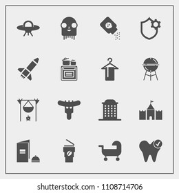Modern, simple vector icon set with architecture, paper, internet, city, security, rocket, cup, baby, oven, launch, drink, fireplace, coffee, kitchen, hot, health, hotdog, brochure, bonfire, ufo icons