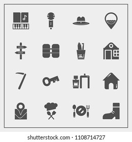 Modern, simple vector icon set with house, direction, musical, song, boot, building, spoon, cowboy, real, note, key, work, white, xray, restaurant, tool, business, microphone, voice, music, map icons