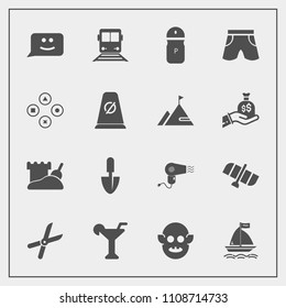 Modern, simple vector icon set with planet, chat, alien, face, work, salt, fiction, alcohol, white, shorts, spice, dryer, travel, pepper, gardening, hairdryer, sand, technology, play, board, fun icons