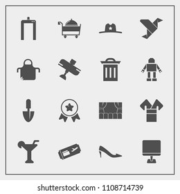 Modern, simple vector icon set with martini, fashion, restaurant, cook, ticket, laptop, pinafore, place, travel, shoe, kimono, traditional, origami, drink, art, texas, pc, winner, achievement icons
