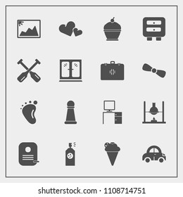 Modern, simple vector icon set with office, ice, cake, spray, research, sweet, background, child, transport, vehicle, love, strategy, dessert, food, king, desk, work, frame, heart, paint, cream icons