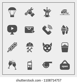 Modern, simple vector icon set with hot, media, space, air, drink, sport, shop, wine, referee, food, travel, bucket, vintage, open, kebab, alien, handle, trailer, vacation, cell, red, telephone icons