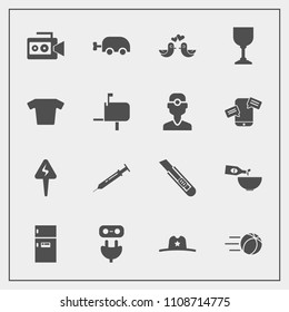 Modern, simple vector icon set with shirt, needle, mail, electricity, bird, camera, glass, dove, plug, animal, power, clothes, carriage, cowboy, soccer, sheriff, ball, fridge, football, cutter icons