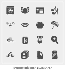 Modern, simple vector icon set with diaper, dove, zoom, bird, jar, female, sun, housework, plug, lips, menu, ecology, business, care, animal, beauty, card, infant, newborn, identity, baby, can icons