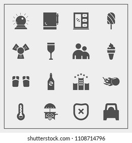 Modern, simple vector icon set with closed, security, cold, magic, furniture, beach, fashion, notebook, van, vacation, wine, hotel, footwear, thermometer, bottle, cooler, white, notepad, flip icons
