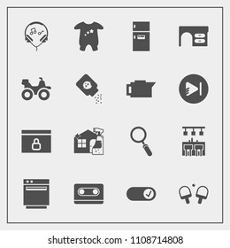 Modern, simple vector icon set with bar, refrigerator, clothing, appliance, kid, kitchen, office, child, game, sound, glass, fridge, extreme, work, , website, internet, tennis, audio, quad, bike icons
