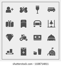Modern, simple vector icon set with cafe, bus, farm, beauty, web, arctic, download, account, nature, ice, tractor, bag, travel, luggage, gem, cassette, glass, red, tape, butterfly, coffee, drink icons