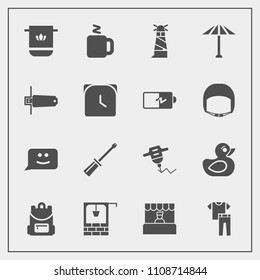 Modern, simple vector icon set with duck, store, construction, water, ocean, toy, beacon, drill, stone, child, fashion, light, screwdriver, food, clothing, well, chat, work, bathroom, collection icons