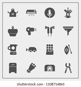 Modern, simple vector icon set with blossom, kayak, bar, cooking, voice, record, carriage, restaurant, microphone, double, tool, furniture, kitchen, bed, repair, water, sweet, wine, christmas icons