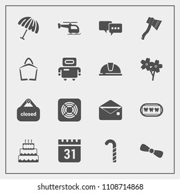 Modern, simple vector icon set with axe, rain, food, , communication, gift, envelope, dentist, bubble, calendar, mail, fan, business, pie, sale, time, banner, flight, healthy, cake, talk, speech icons