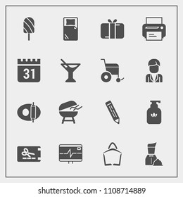 Modern, simple vector icon set with pan, template, pencil, bag, hygiene, calendar, equipment, bbq, liquid, heart, present, meat, white, barbecue, restaurant, dessert, holiday, clean, printer,  icons