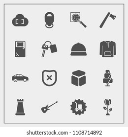 Modern, simple vector icon set with square, protection, construction, music, left, tool, magnifier, bus, doughnut, cloud, sign, safety, piece, warehouse, dessert, flower, food, strategy, nature icons