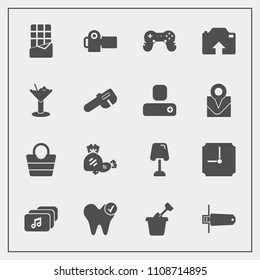 Modern, simple vector icon set with hour, object, upload, food, dental, joystick, music, health, bag, dessert, lollipop, summer, healthy, flash, glass, fashion, child, dentist, card, bar, sand icons