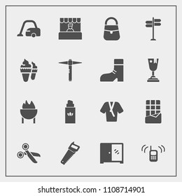 Modern, simple vector icon set with bottle, vacuum, sign, grocery, construction, grill, saw, chocolate, beauty, phone, bar, communication, call, telephone, cabinet, dessert, road, bag, tool, ice icons
