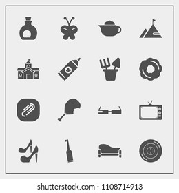Modern, simple vector icon set with meat, breakfast, room, clip, dental, butterfly, olive, tooth, tire, oil, television, tea, hot, paper, female, screen, brush, auto, high, insect, paperclip, tv icons