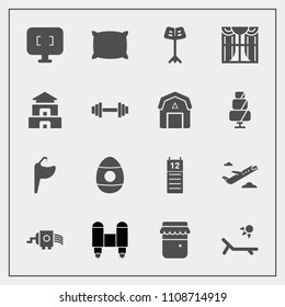 Modern, simple vector icon set with faucet, food, tap, music, spaceship, summer, holiday, sunny, jar, musical, decoration, sink, bed, departure, craft, home, monitor, jam, agenda, calendar, sign icons