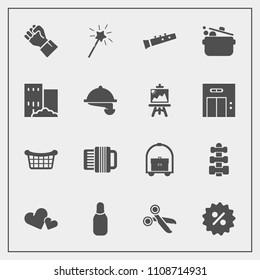 Modern, simple vector icon set with human, real, magic, cook, market, people, kitchen, sale, equipment, sign, room, hotel, vacation, cut, ball, store, business, accordion, music, sound, love icons