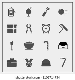 Modern, simple vector icon set with sport, bowling, winner, pin, bottle, fun, dessert, cooking, ink, food, box, wrench, spanner, sweet, business, suzuri, restaurant, briefcase, gift, hammer, hat icons