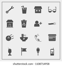 Modern, simple vector icon set with meal, national, phone, eye, house, sport, cold, mobile, cocktail, america, tool, bowl, nation, wrench, cell, fun, hammer, time, telephone, juice, spanner, day icons