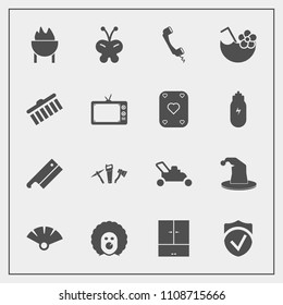 Modern, simple vector icon set with summer, lawn, grass, stroke, scary, grill, technology, hat, meat, traditional, juice, gardening, drink, japanese, communication, security, television, food icons
