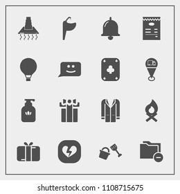 Modern, simple vector icon set with hood, call, file, celebration, document, business, faucet, cooking, campfire, folder, bucket, jump, bottle, fashion, hygiene, flame, kitchen, sink, soap, coat icons