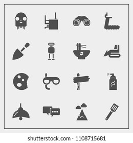 Modern, simple vector icon set with nature, graffiti, table, business, speech, sport, kitchen, fitness, desk, direction, street, doughnut, pan, office, grunge, cake, sky, binocular, scuba, paint icons