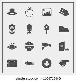 Modern, simple vector icon set with frame, discount, camera, picture, rice, ball, apple, surveillance, fun, pin, space, elevator, white, referee, profile, sport, security, fruit, sign, brochure icons