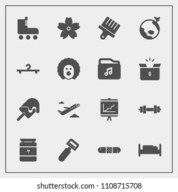 Modern, simple vector icon set with tool, fun, equipment, bedroom, kitchen, peeler, white, hanger, plane, flight, flower, cherry, brush, paint, bodybuilding, skating, medicine, skate, spring icons