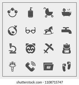 Modern, simple vector icon set with alcohol, plane, paper, pram, glass, footwear, biology, sign, science, cute, toy, backpack, drink, liquid, baby, kitty, wine, travel, carriage, stroller, bath icons