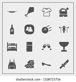 Modern, simple vector icon set with atlas, pinafore, restaurant, sky, kid, uniform, cutlery, jewelry, travel, hostel, baby, footwear, summer, alcohol, red, accessory, household, glass, map, cook icons