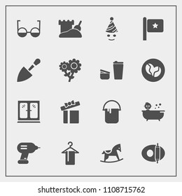 Modern, simple vector icon set with furniture, gift, national, box, cabinet, home, horse, birthday, industry, holiday, flag, party, cooking, toy, painter, eye, kid, kitchen, hanger, celebration icons